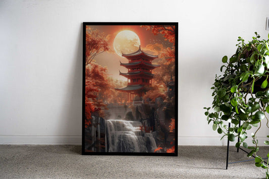 Crimson Moon Temple Asian Style Poster | Wall Art for Home & Office | High-Quality Print - High-Quality Visual Display