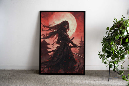 Crimson Moon samurai Girl Asian Style Poster | Wall Art for Home & Office | High-Quality Print - High-Quality Visual Display