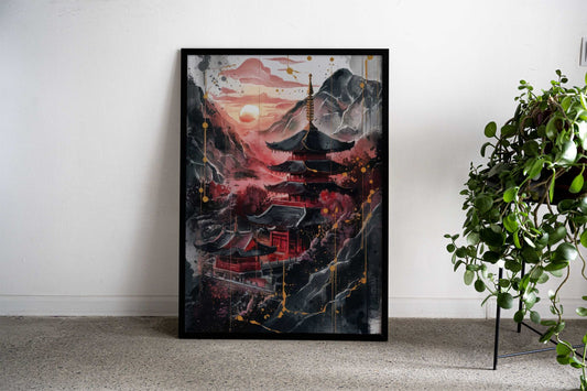 Crimson Pagoda Sunset Asian Style Poster | Wall Art for Home & Office | High-Quality Print - High-Quality Visual Display