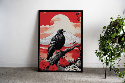 Crow in Japanese Fuji Asian Style Poster | Wall Art for Home & Office | High-Quality Print - High-Quality Visual Display