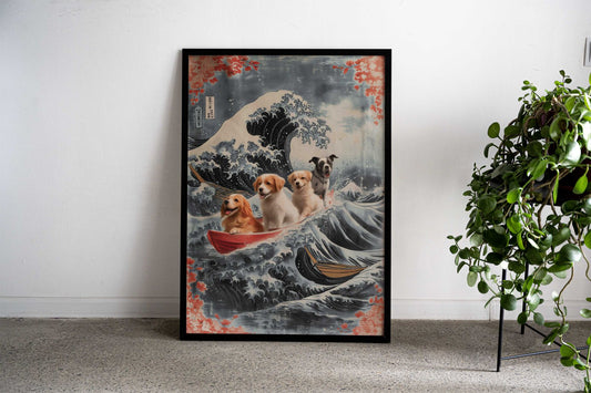 Cute dogs on Hokusai wave Asian Style Poster | Wall Art for Home & Office | High-Quality Print - High-Quality Visual Display