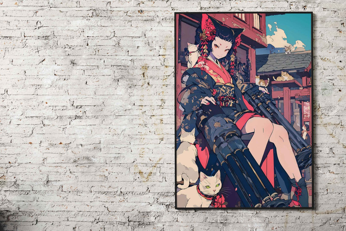 Cyber Cat Geisha Warrior Asian Style Poster | Wall Art for Home & Office | High-Quality Print - High-Quality Visual Display