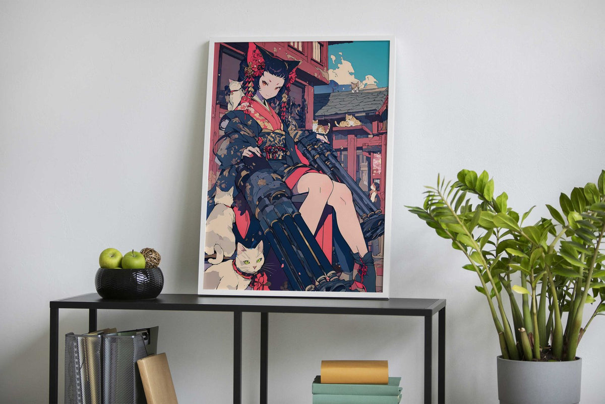 Cyber Cat Geisha Warrior Asian Style Poster | Wall Art for Home & Office | High-Quality Print - High-Quality Visual Display