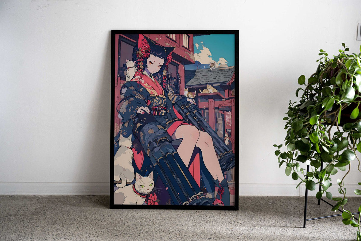 Cyber Cat Geisha Warrior Asian Style Poster | Wall Art for Home & Office | High-Quality Print - High-Quality Visual Display