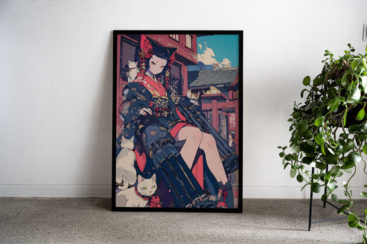 Cyber Cat Geisha Warrior Asian Style Poster | Wall Art for Home & Office | High-Quality Print - High-Quality Visual Display