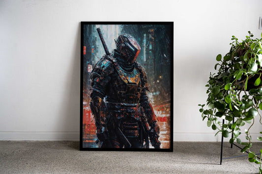 Cyber Samurai in the Rain Asian Style Poster | Wall Art for Home & Office | High-Quality Print - High-Quality Visual Display