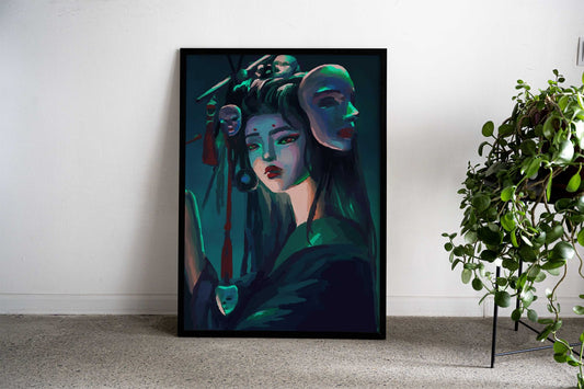 Cyberpunk Geisha with Masks Asian Style Poster | Wall Art for Home & Office | High-Quality Print - High-Quality Visual Display
