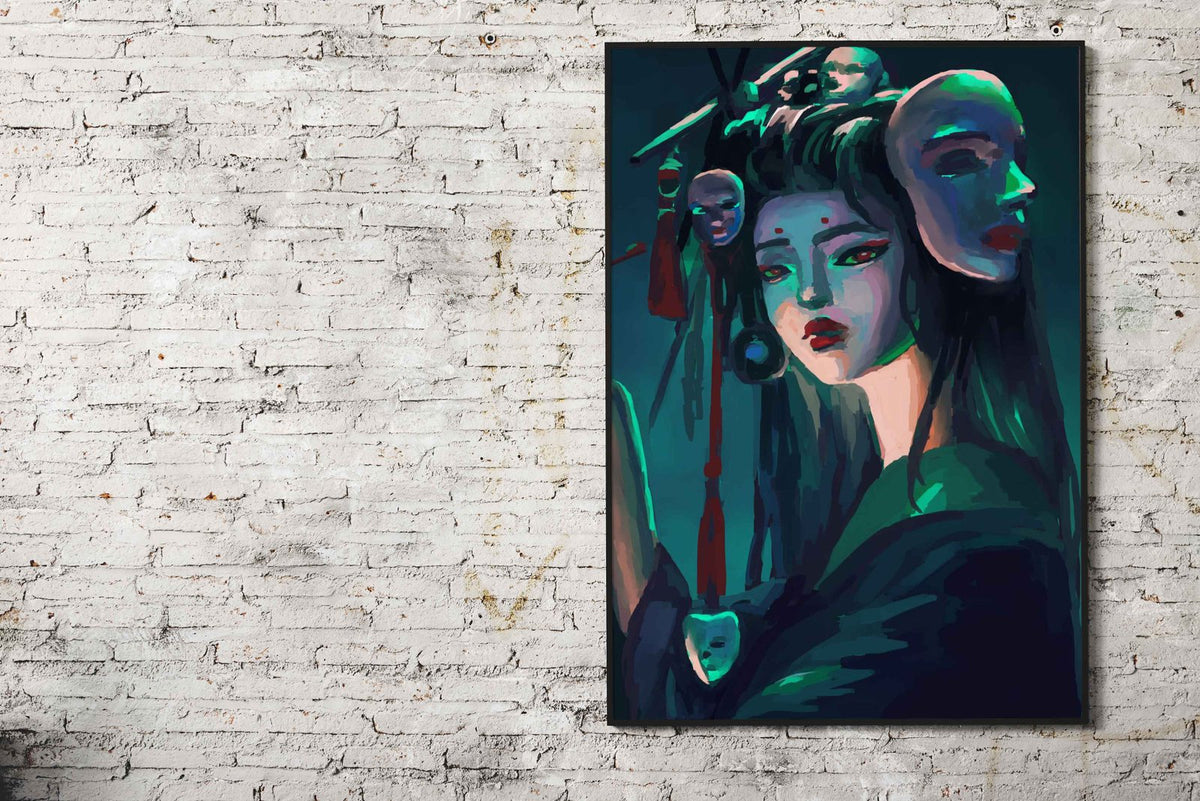Cyberpunk Geisha with Masks Asian Style Poster | Wall Art for Home & Office | High-Quality Print - High-Quality Visual Display