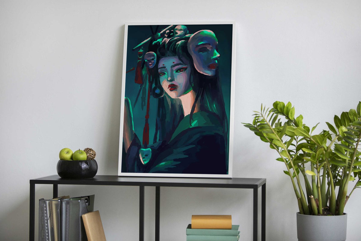 Cyberpunk Geisha with Masks Asian Style Poster | Wall Art for Home & Office | High-Quality Print - High-Quality Visual Display