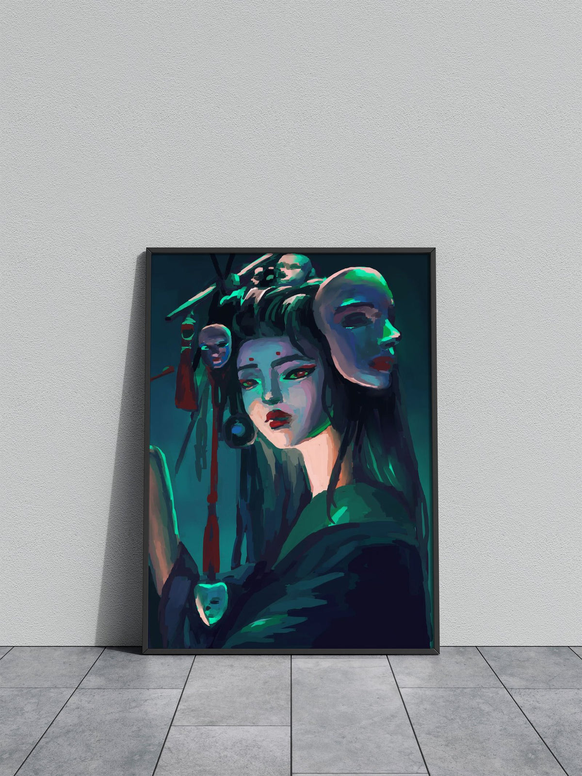 Cyberpunk Geisha with Masks Asian Style Poster | Wall Art for Home & Office | High-Quality Print - High-Quality Visual Display