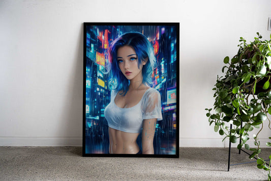 Cyberpunk Woman in Rain Asian Style Poster | Wall Art for Home & Office | High-Quality Print - High-Quality Visual Display
