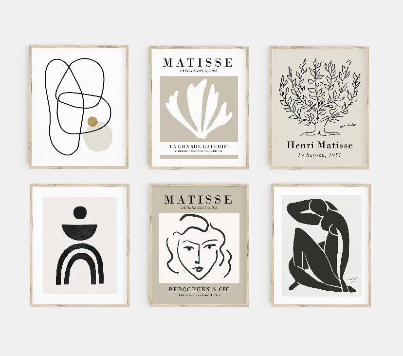 Set of Six Neutral Gallery Wall Prints by Henri Matisse - High-Quality Premium Wall Art Decor Sticker