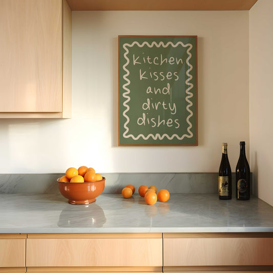 Kitchen Kisses And Dirty Dishes | Cream and Olive Green | Art Print - High-Quality Premium Wall Art Decor Sticker
