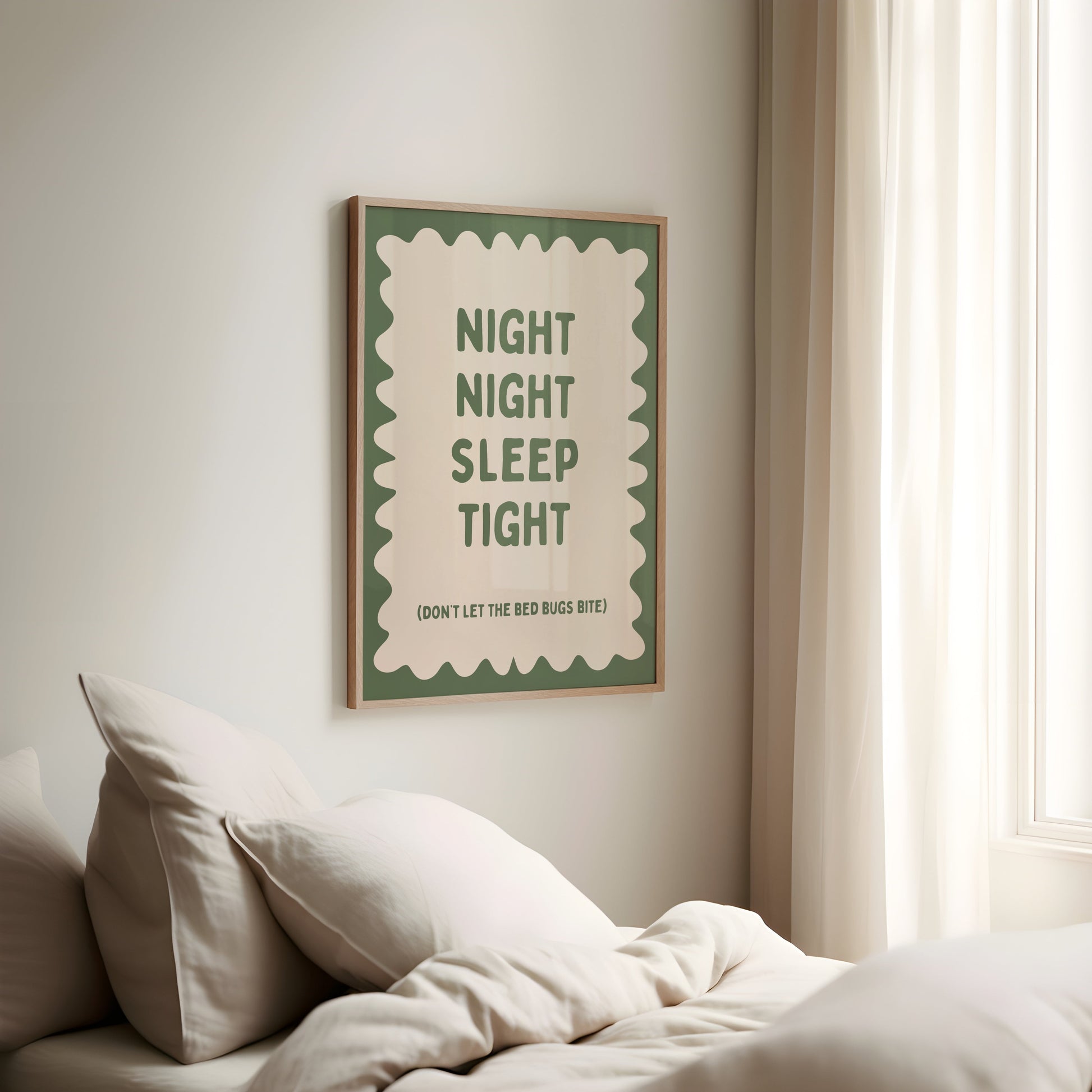 Night Night Sleep Tight | Olive Green and Cream | Art Print - High-Quality Premium Wall Art Decor Sticker