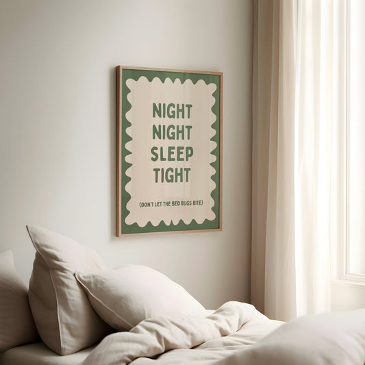 Night Night Sleep Tight | Olive Green and Cream | Art Print - High-Quality Premium Wall Art Decor Sticker