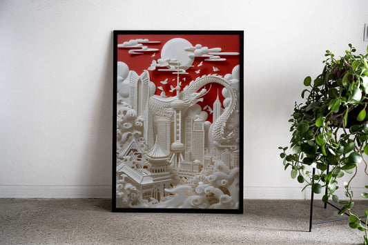 Dragon Cityscape Harmony Asian Style Poster | Wall Art for Home & Office | High-Quality Print - High-Quality Visual Display