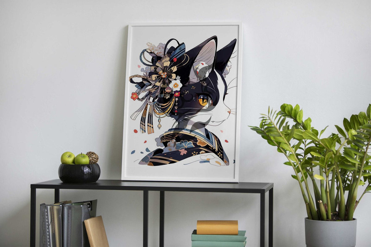 Edo Cat Geisha Japan Asian Style Poster | Wall Art for Home & Office | High-Quality Print - High-Quality Premium Wall Art Decor Sticker