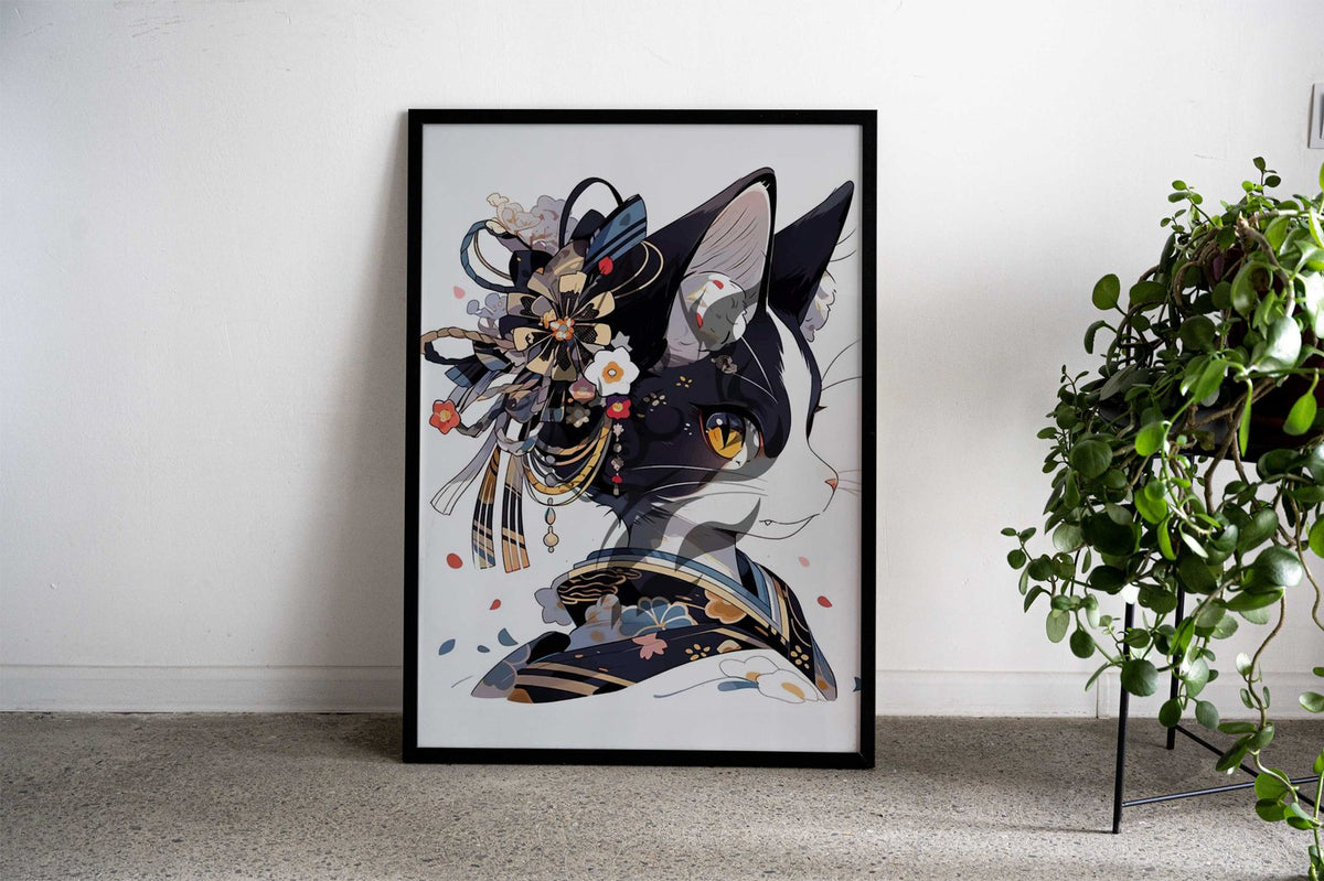 Edo Cat Geisha Japan Asian Style Poster | Wall Art for Home & Office | High-Quality Print - High-Quality Premium Wall Art Decor Sticker
