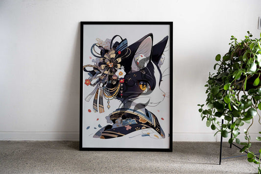 Edo Cat Geisha Japan Asian Style Poster | Wall Art for Home & Office | High-Quality Print - High-Quality Premium Wall Art Decor Sticker