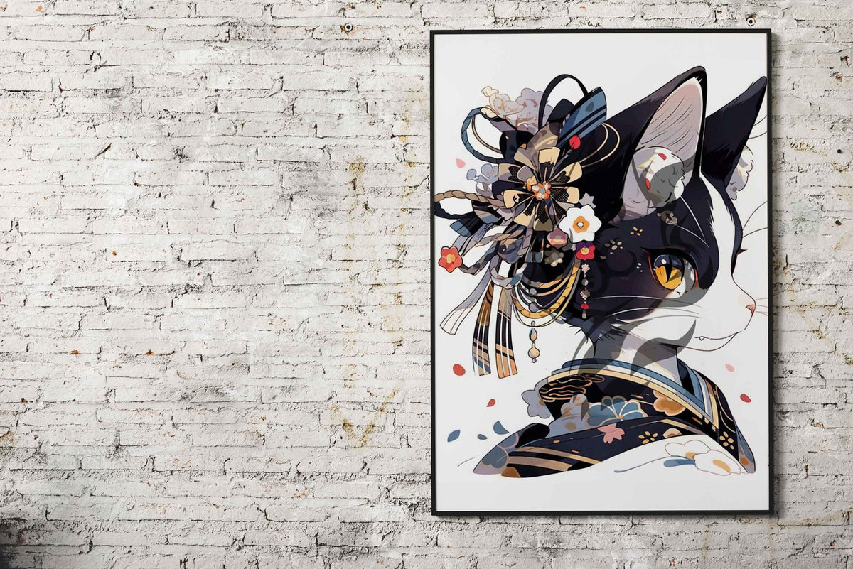 Edo Cat Geisha Japan Asian Style Poster | Wall Art for Home & Office | High-Quality Print - High-Quality Premium Wall Art Decor Sticker