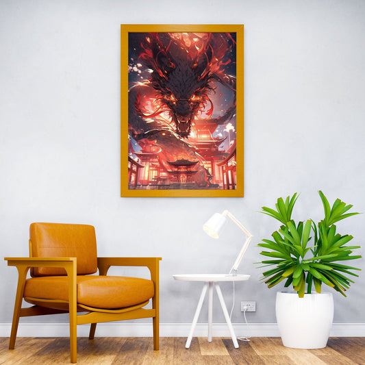 Fiery Dragon Over City Asian Style Poster | Wall Art for Home & Office | High-Quality Print - High-Quality Visual Display