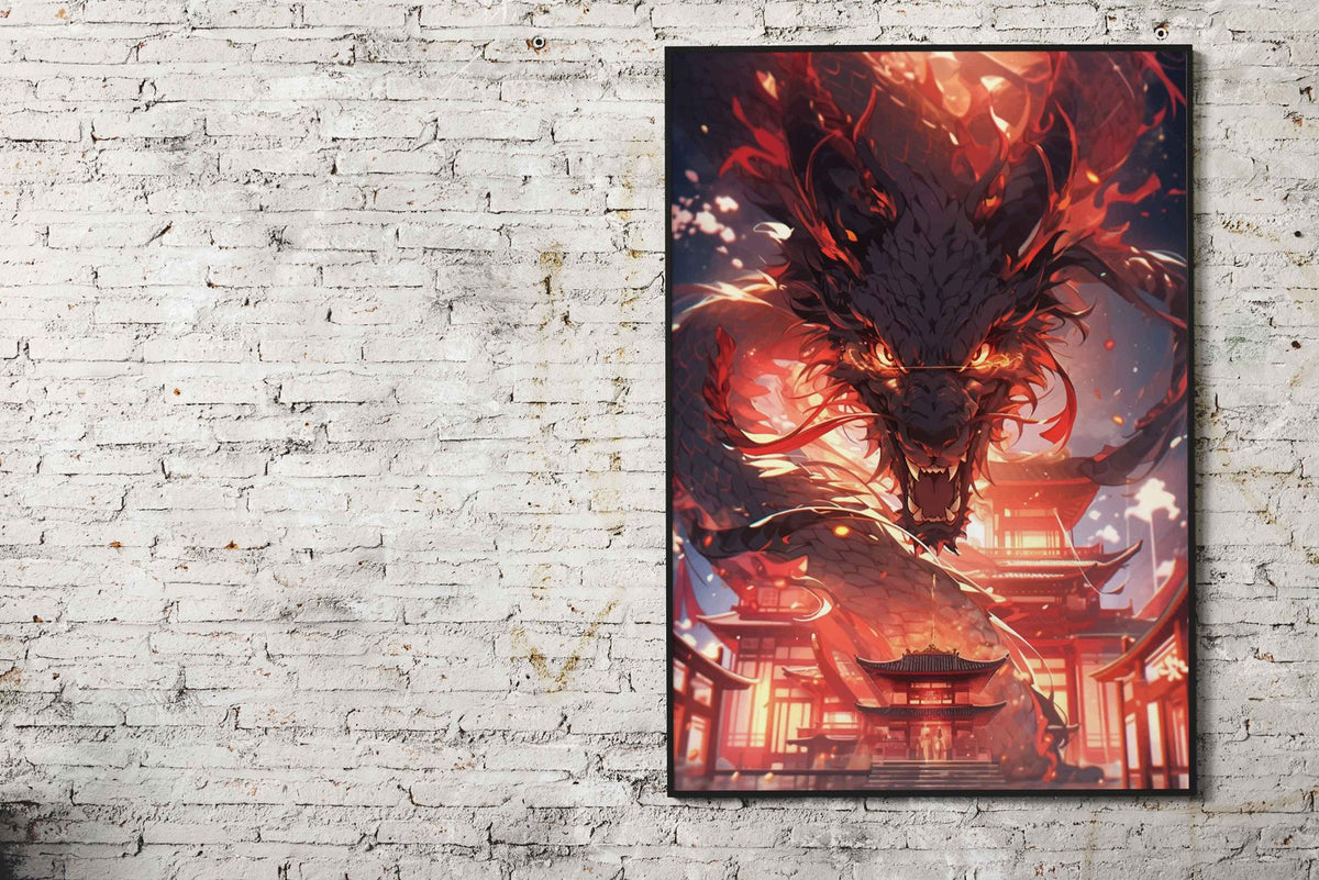 Fiery Dragon Over City Asian Style Poster | Wall Art for Home & Office | High-Quality Print - High-Quality Visual Display