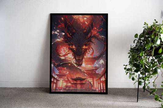 Fiery Dragon Over City Asian Style Poster | Wall Art for Home & Office | High-Quality Print - High-Quality Visual Display