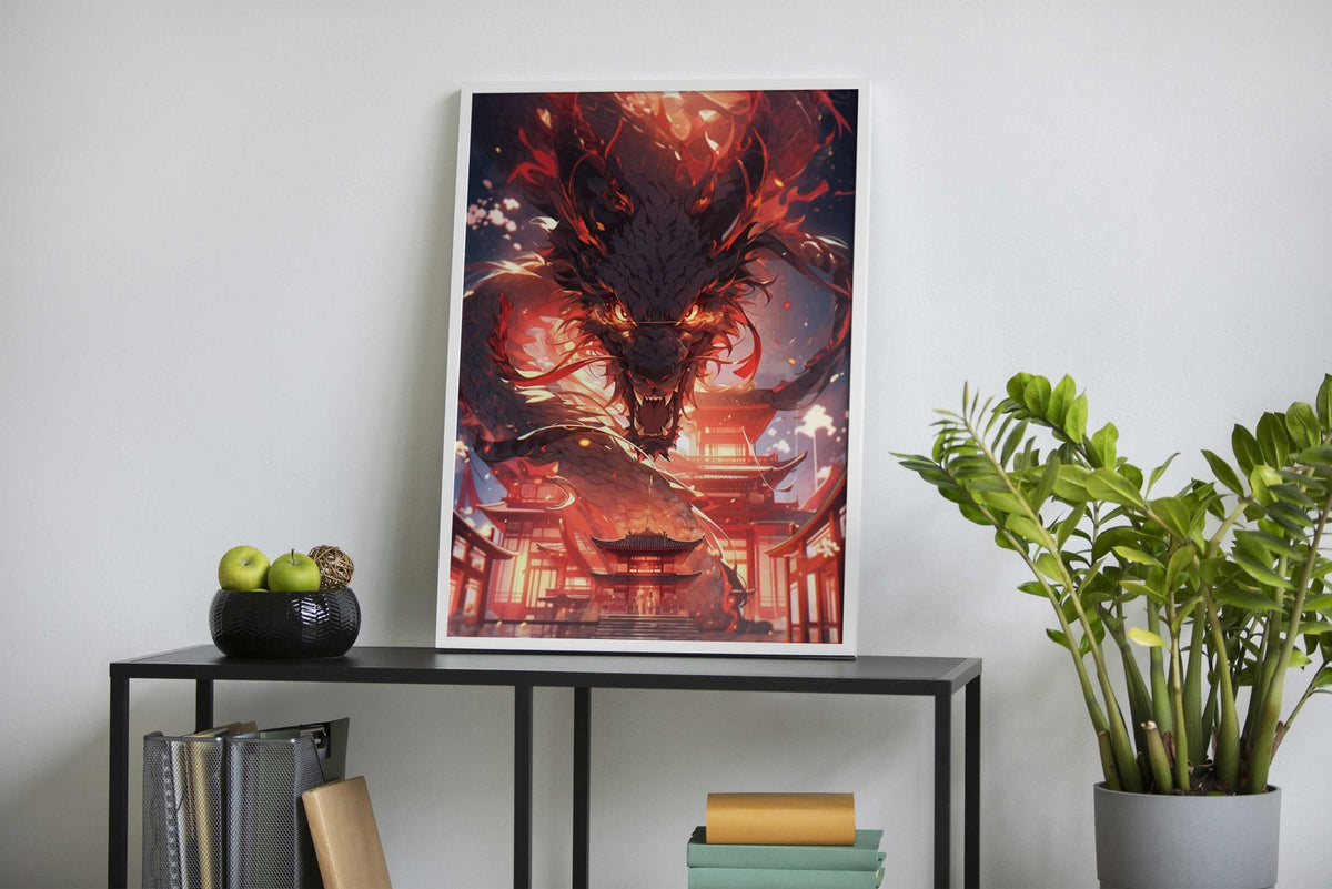 Fiery Dragon Over City Asian Style Poster | Wall Art for Home & Office | High-Quality Print - High-Quality Visual Display