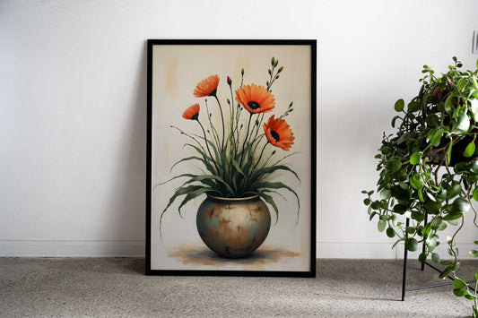 Flowers in a rustic earthy-toned vase Asian Style Poster | Wall Art for Home & Office | High-Quality Print - High-Quality Visual Display