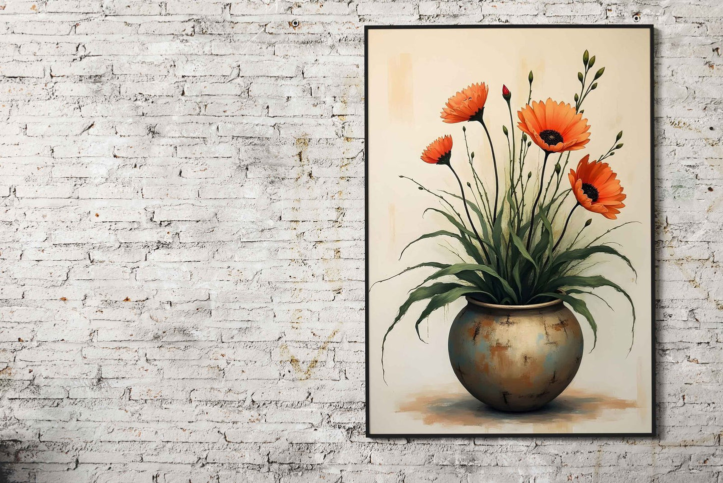 Flowers in a rustic earthy-toned vase Asian Style Poster | Wall Art for Home & Office | High-Quality Print