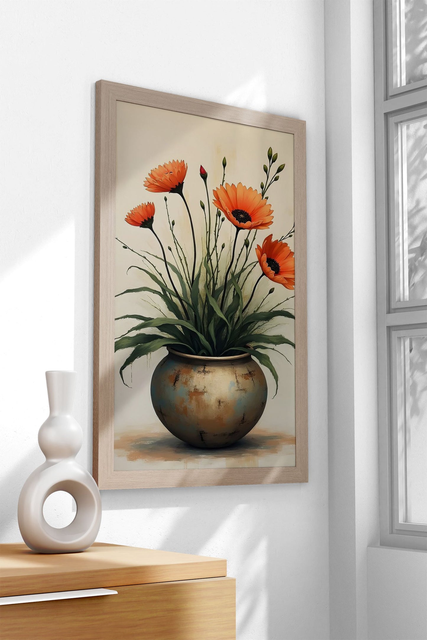 Flowers in a rustic earthy-toned vase Asian Style Poster | Wall Art for Home & Office | High-Quality Print