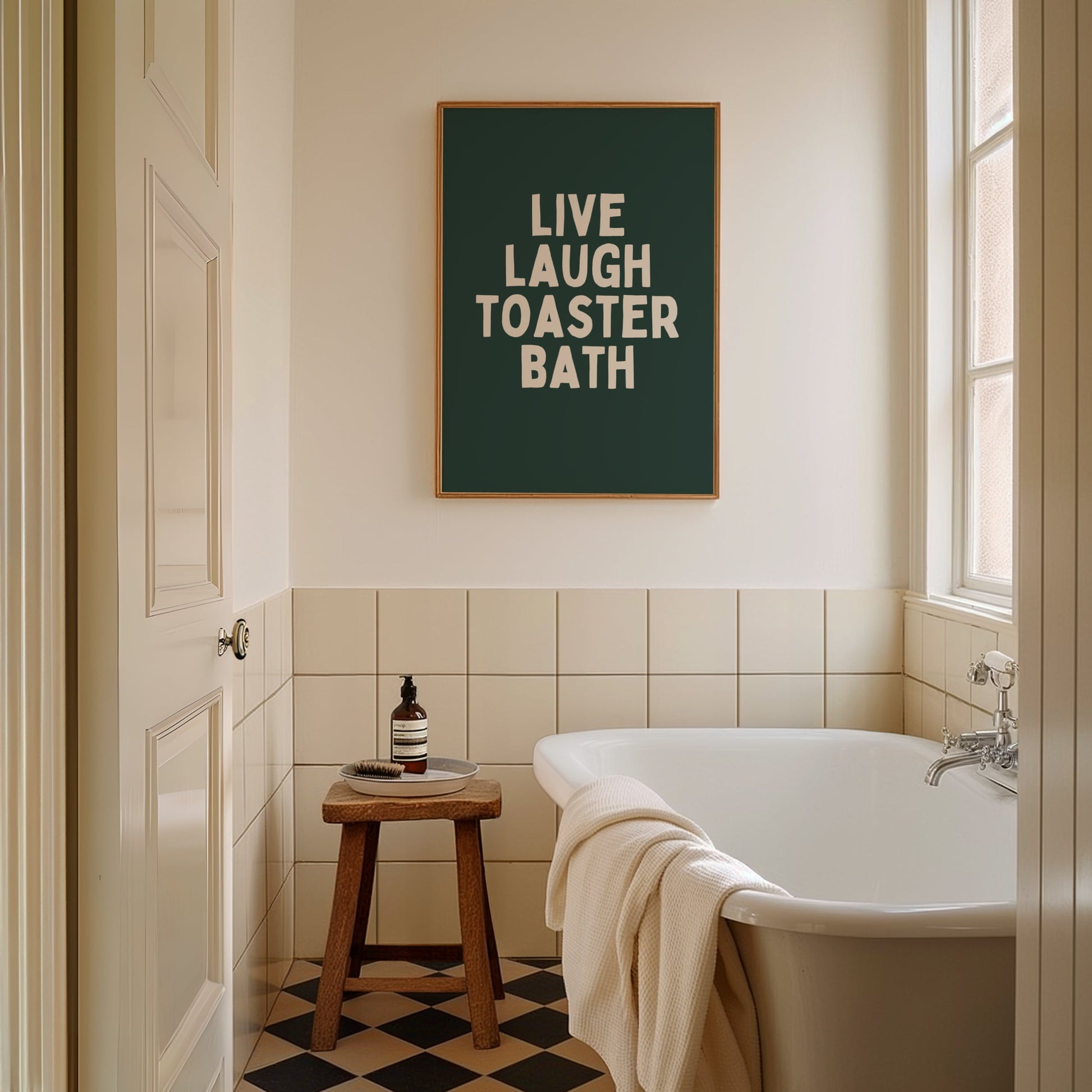 Live Laugh Toaster Bath | Cream and Forest Green | Art Print - High-Quality Premium Wall Art Decor Sticker