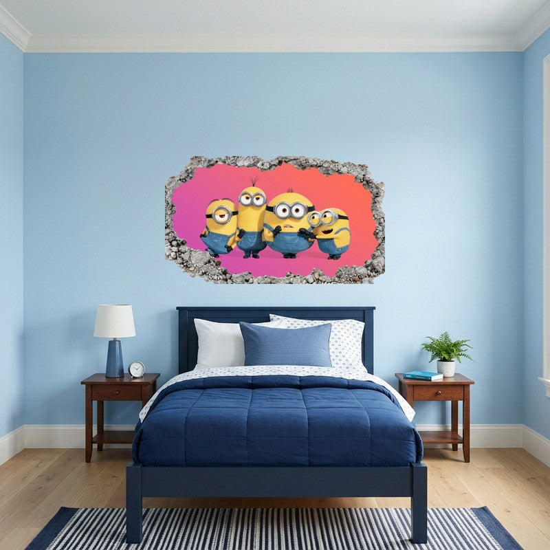 Four Minions Talking Laughing Red 3D Smashed Wall Art Decal Sticker Kids Kids Room Wall Decal Sticker