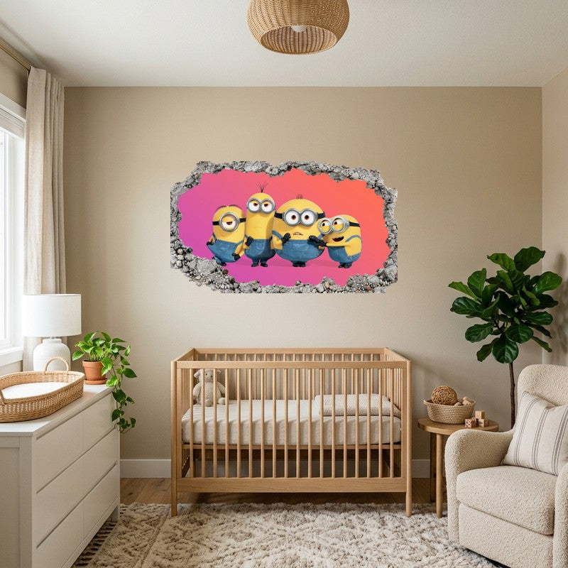 Four Minions Talking Laughing Red 3D Smashed Wall Art Decal Sticker Kids Kids Room Wall Decal Sticker