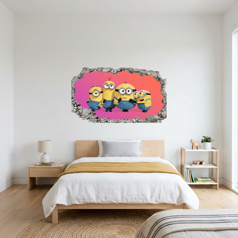 Four Minions Talking Laughing Red 3D Smashed Wall Art Decal Sticker Kids Kids Room Wall Decal Sticker