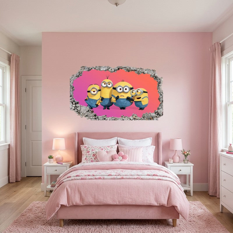 Four Minions Talking Laughing Red 3D Smashed Wall Art Decal Sticker Kids Kids Room Wall Decal Sticker