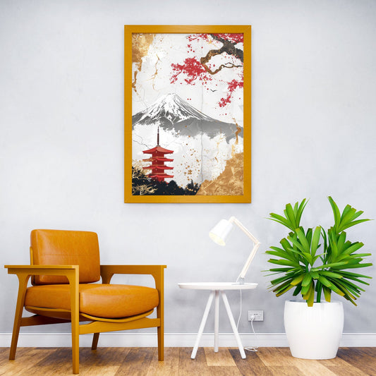 Fuji Mountain Red Gold Asian Style Poster | Wall Art for Home & Office | High-Quality Print - High-Quality Visual Display