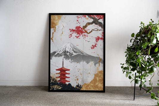 Fuji Mountain Red Gold Asian Style Poster | Wall Art for Home & Office | High-Quality Print - High-Quality Visual Display