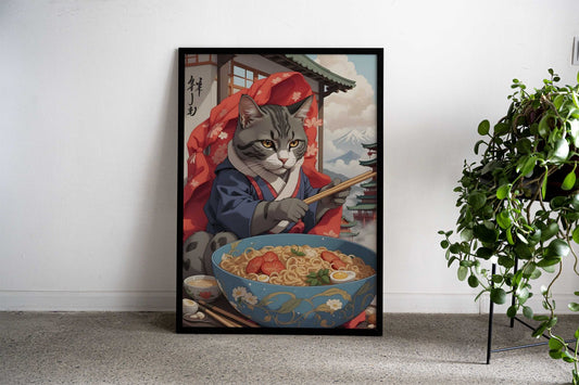 Funny Cat Eating Ramen Asian Style Poster | Wall Art for Home & Office | High-Quality Print - High-Quality Visual Display