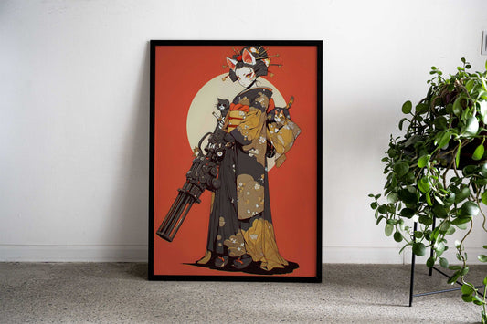 Geisha Cat Gatling Asian Style Poster | Wall Art for Home & Office | High-Quality Print - High-Quality Visual Display