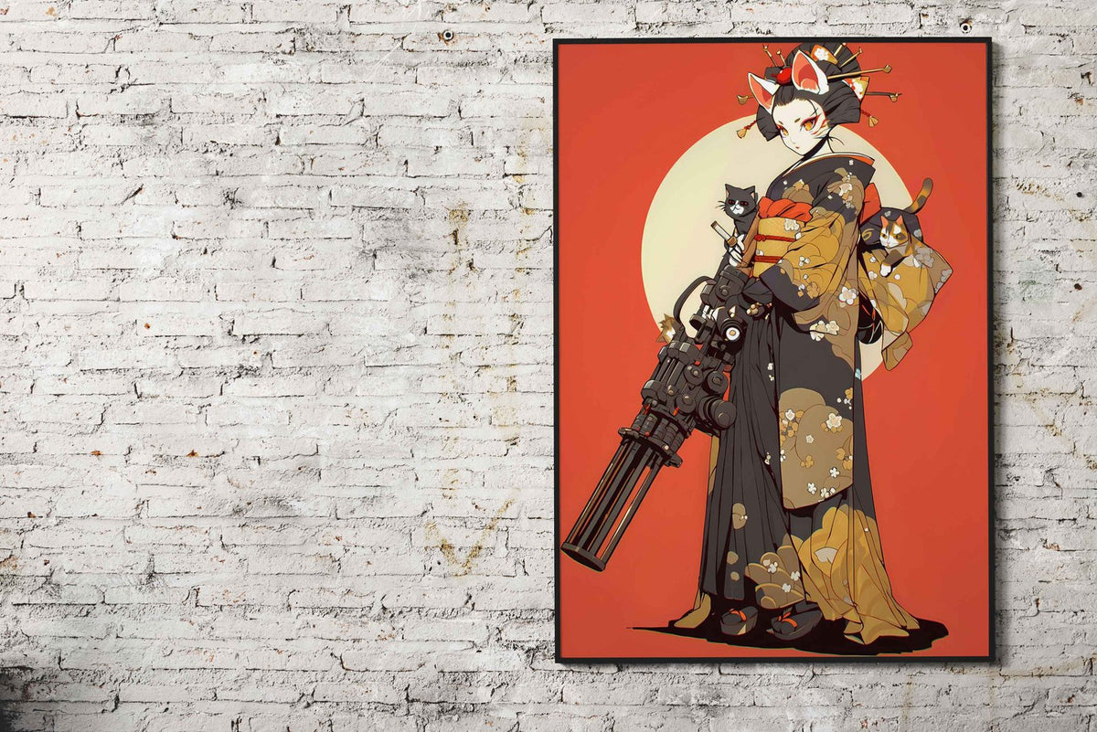 Geisha Cat Gatling Asian Style Poster | Wall Art for Home & Office | High-Quality Print - High-Quality Visual Display