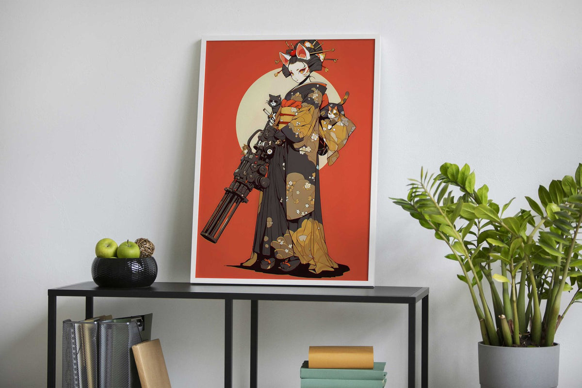 Geisha Cat Gatling Asian Style Poster | Wall Art for Home & Office | High-Quality Print - High-Quality Visual Display