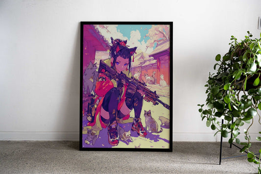 Geisha Cats Rifle Asian Style Poster | Wall Art for Home & Office | High-Quality Print - High-Quality Visual Display