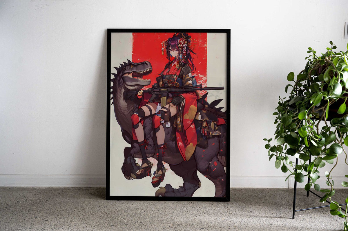 Geisha Dinosaur Guardian Asian Style Poster | Wall Art for Home & Office | High-Quality Print - High-Quality Visual Display
