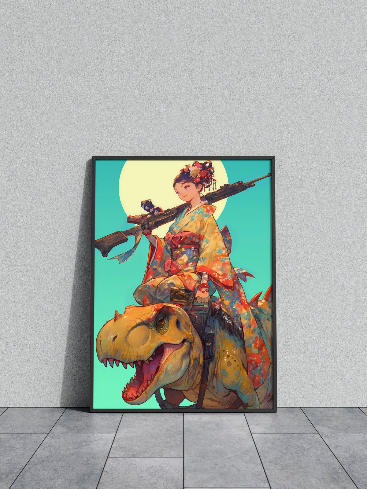 Geisha Dinosaur Hunter Asian Style Poster | Wall Art for Home & Office | High-Quality Print - High-Quality Visual Display