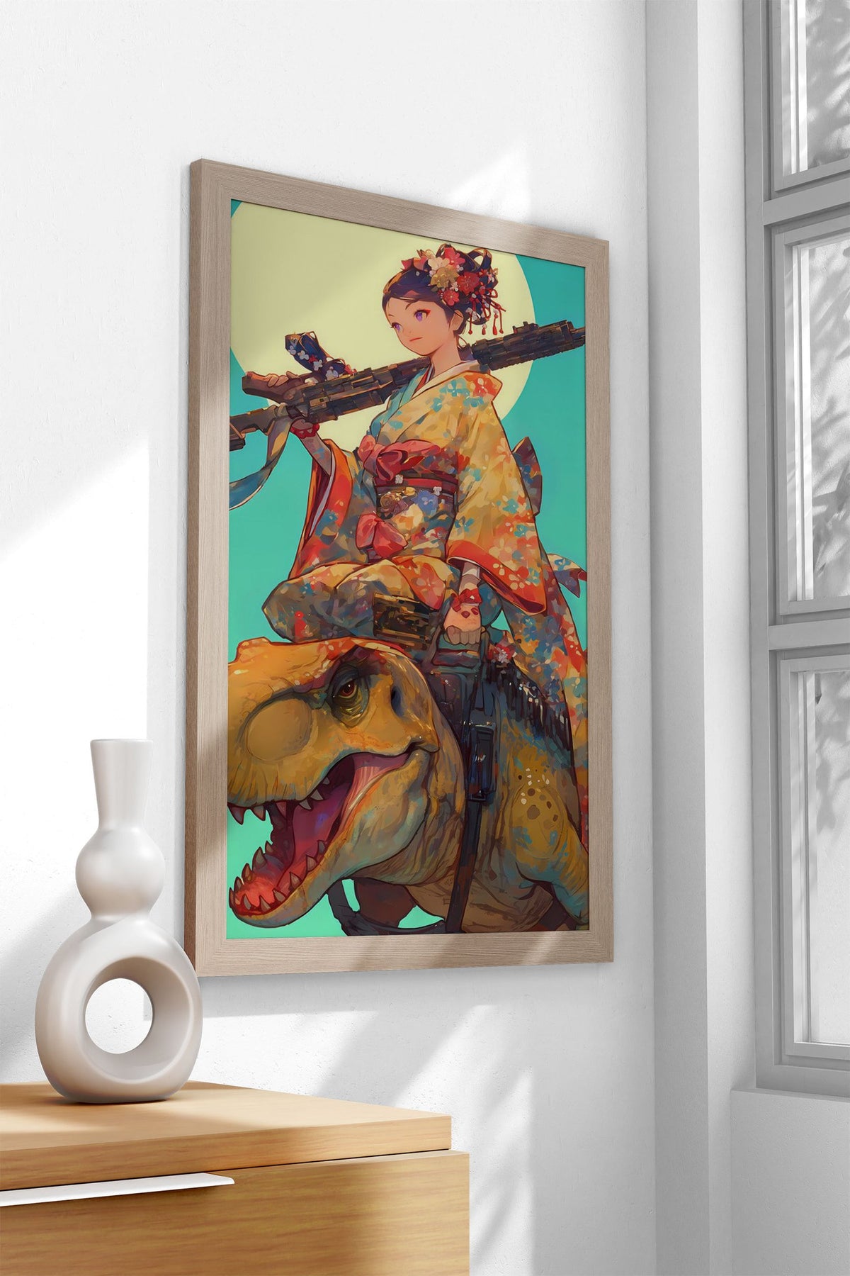 Geisha Dinosaur Hunter Asian Style Poster | Wall Art for Home & Office | High-Quality Print - High-Quality Visual Display