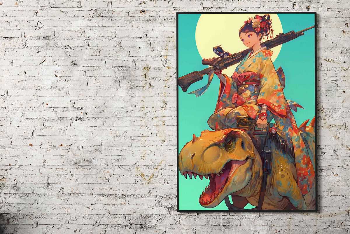 Geisha Dinosaur Hunter Asian Style Poster | Wall Art for Home & Office | High-Quality Print - High-Quality Visual Display