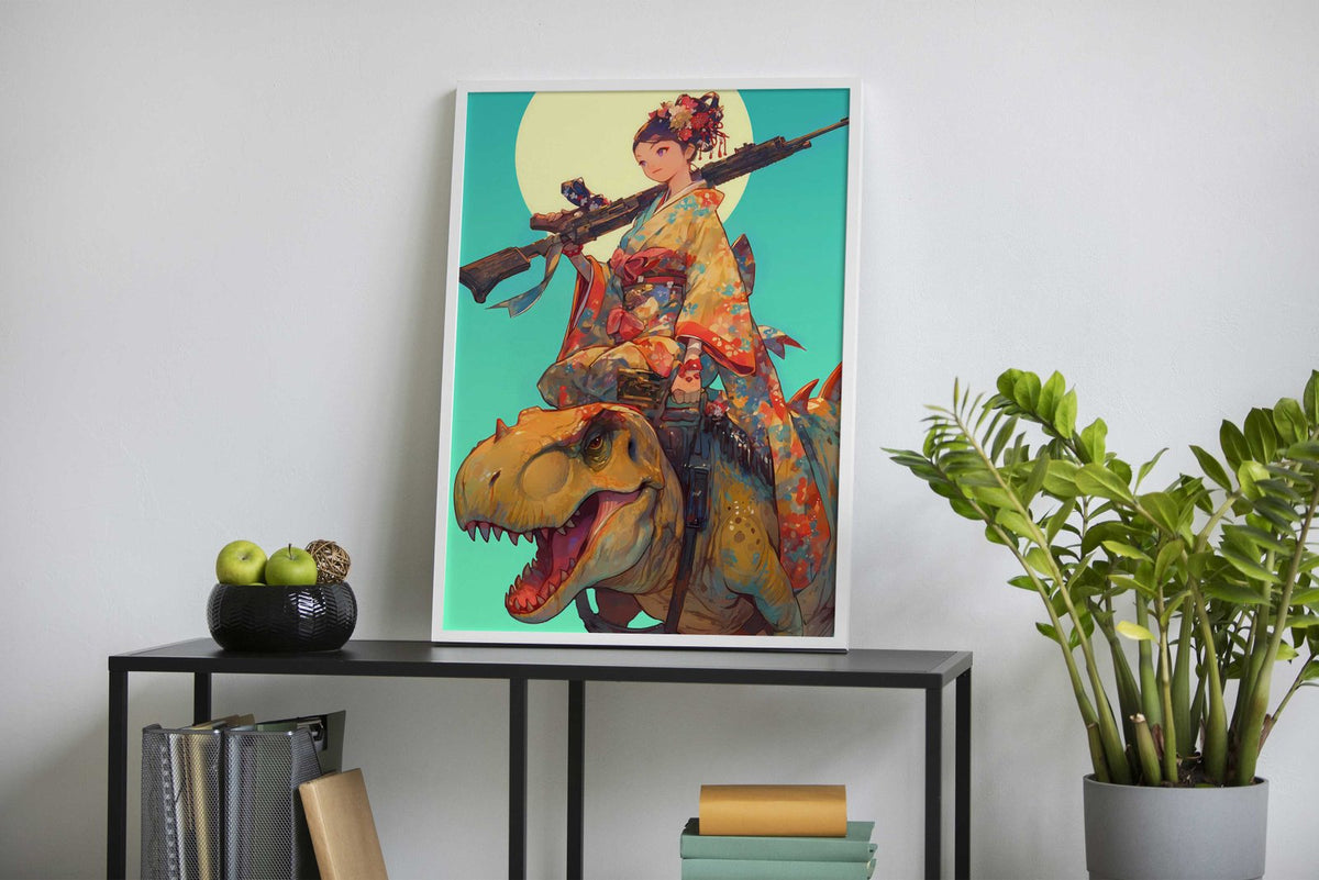 Geisha Dinosaur Hunter Asian Style Poster | Wall Art for Home & Office | High-Quality Print - High-Quality Visual Display