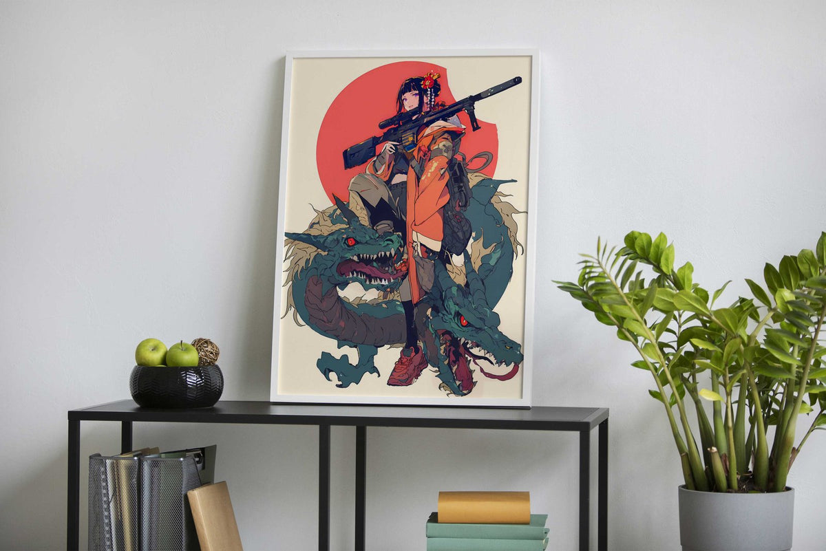 Geisha Dragon Hunter Asian Style Poster | Wall Art for Home & Office | High-Quality Print - High-Quality Visual Display