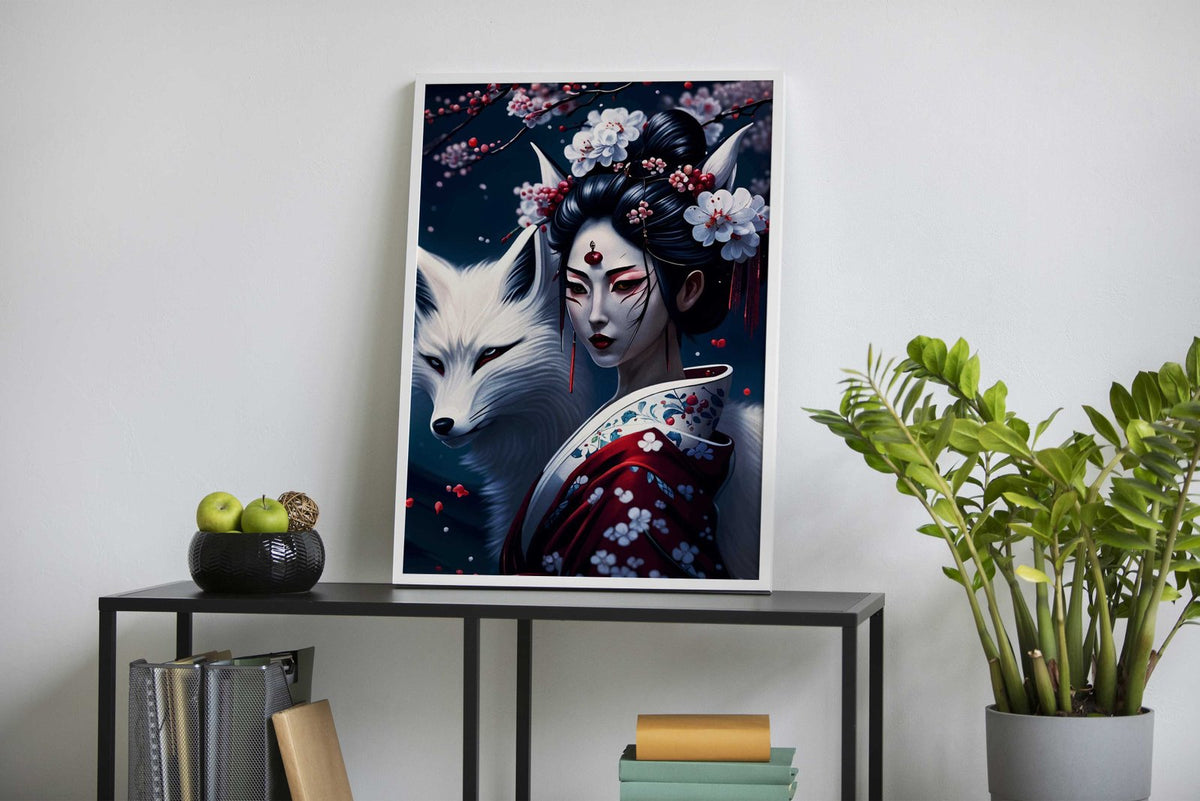 Geisha Fox Cherry Japan Asian Style Poster | Wall Art for Home & Office | High-Quality Print - High-Quality Visual Display